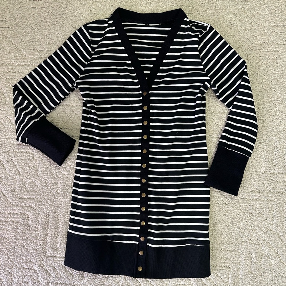Black and White Striped Snap Button Women’s Cardigan